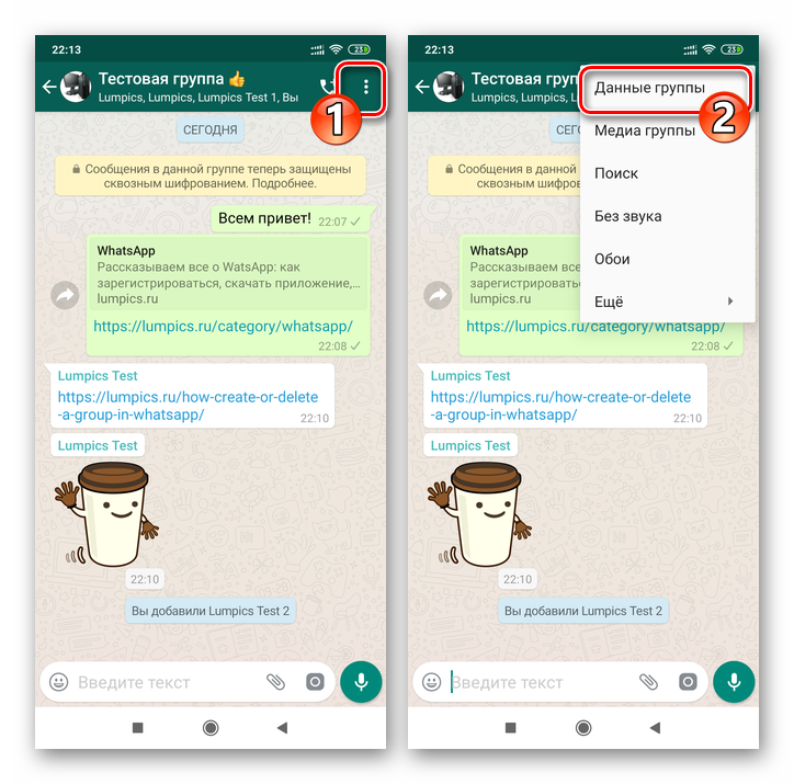 WhatsApp для Android пункт Данные группы в меню чата