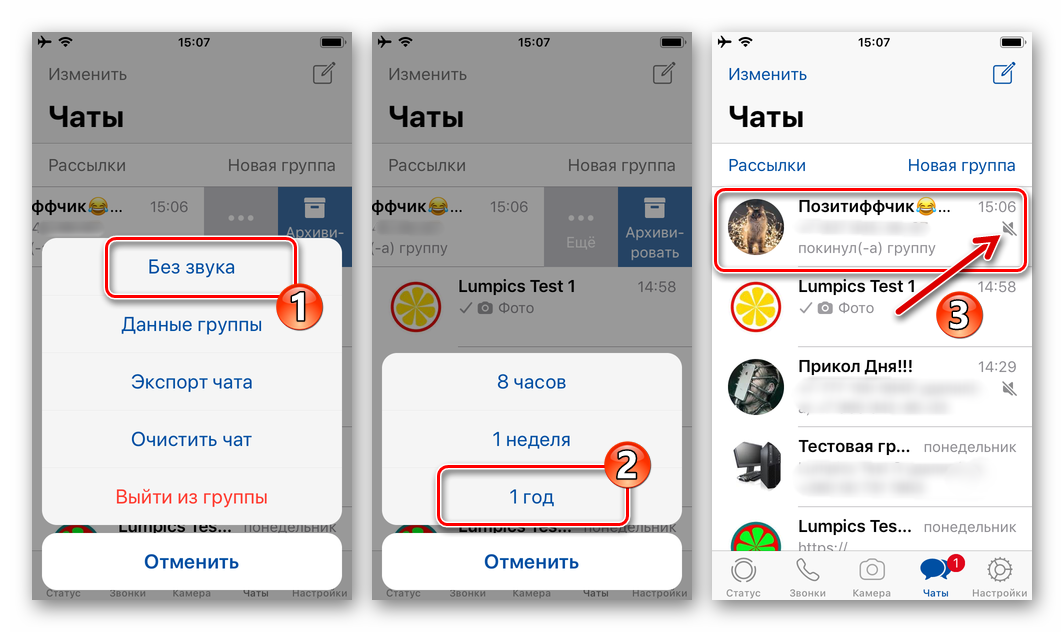WhatsApp для iPhone - быстрое отключение всех уведомлений, поступающих из отдельного группового чата