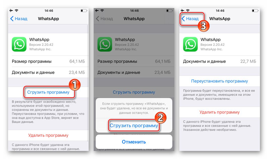 WhatsApp для iOS Сгрузка программы на iPhone с целью приостановки работы мессенджера