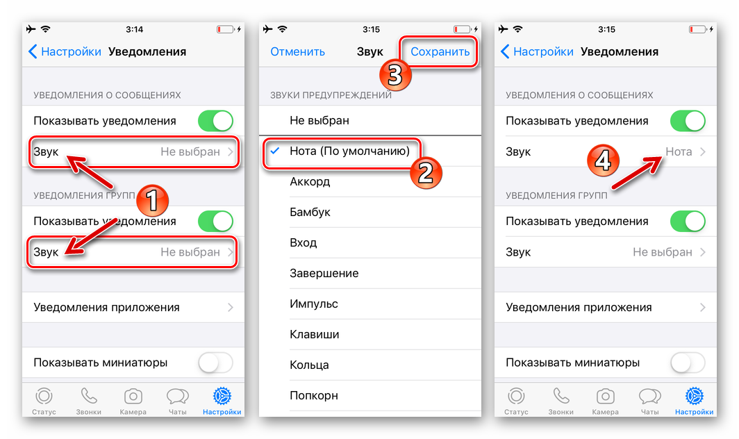WhatsApp для iOS выбор звука уведомлений для сообщений и групп в настройках мессенджера