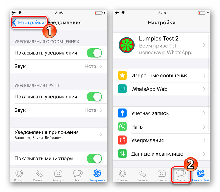 WhatsApp для iOS выход из Настроек мессенджера после включения уведомлений