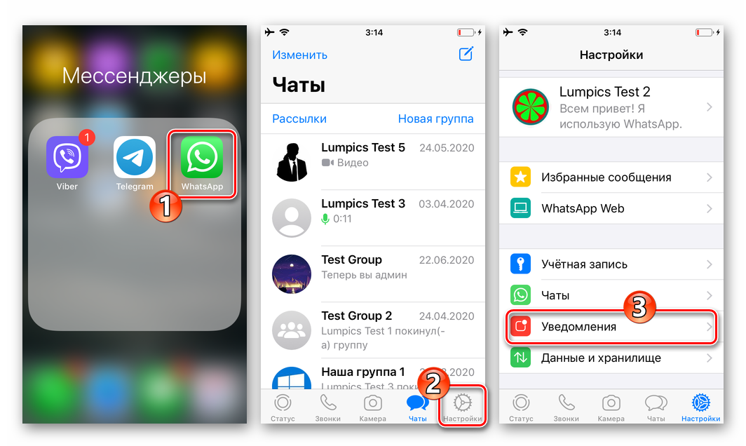WhatsApp для iOS запуск мессенджера, переход в Настройки - раздел Уведомления
